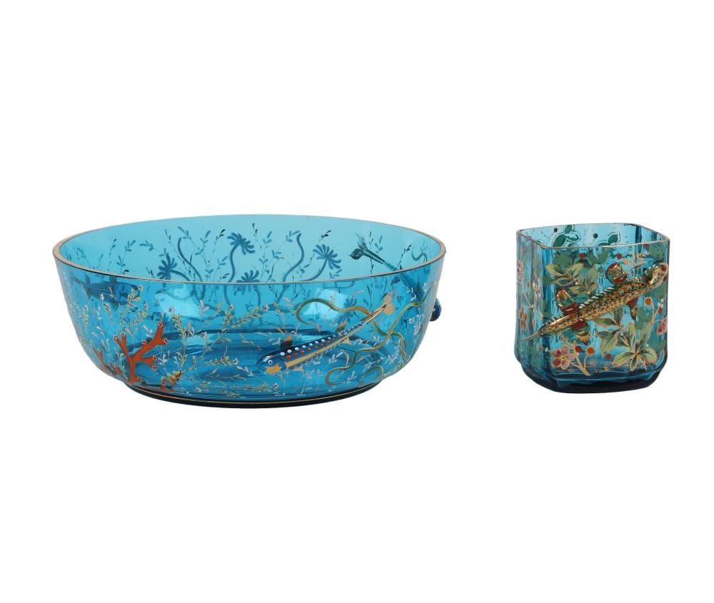 Enameled Art Glass Applied Fish Bowl & Vase, After Moser sold by Bunch Auctions, lot 139 — auction record photograph