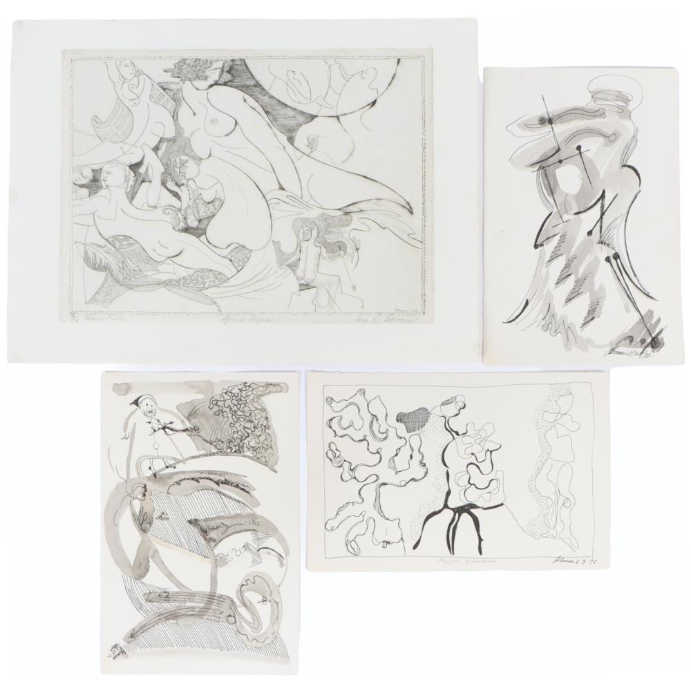 Robert Lohman comparable auction result: robert lohman indiana female nude abstract compositions space figure polygyric appearance x4 ink ink and wash on paper etching 11 h x 15 w largest