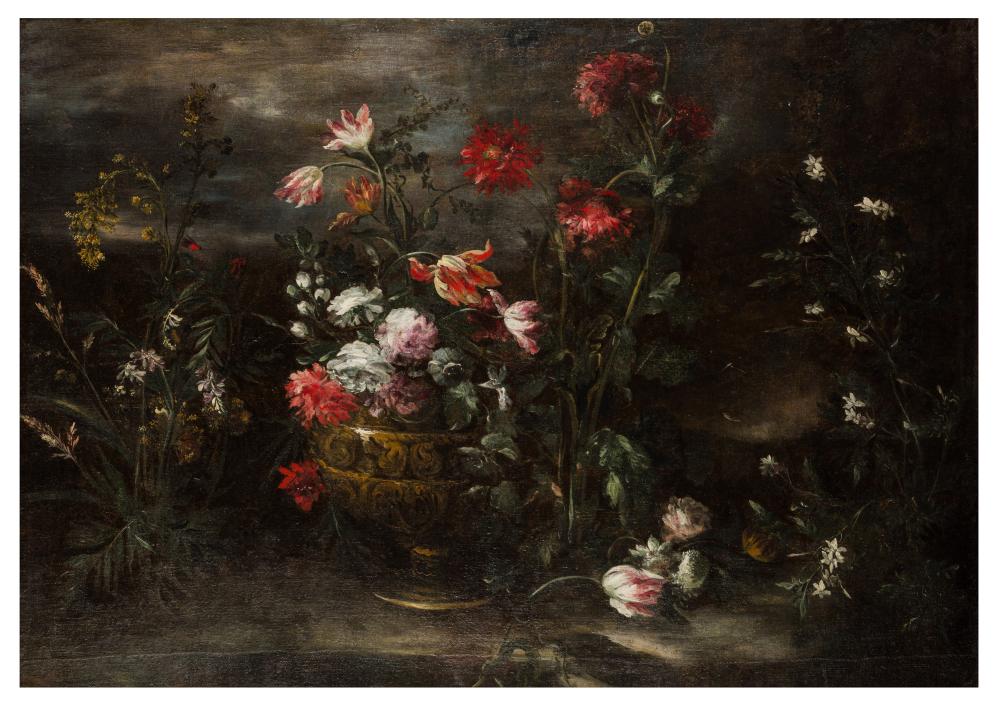 Elisabetta Marchioni comparable auction result: elisabetta marchioni italian act 1700 carnations tulips and roses in an urn in a rocky landscape