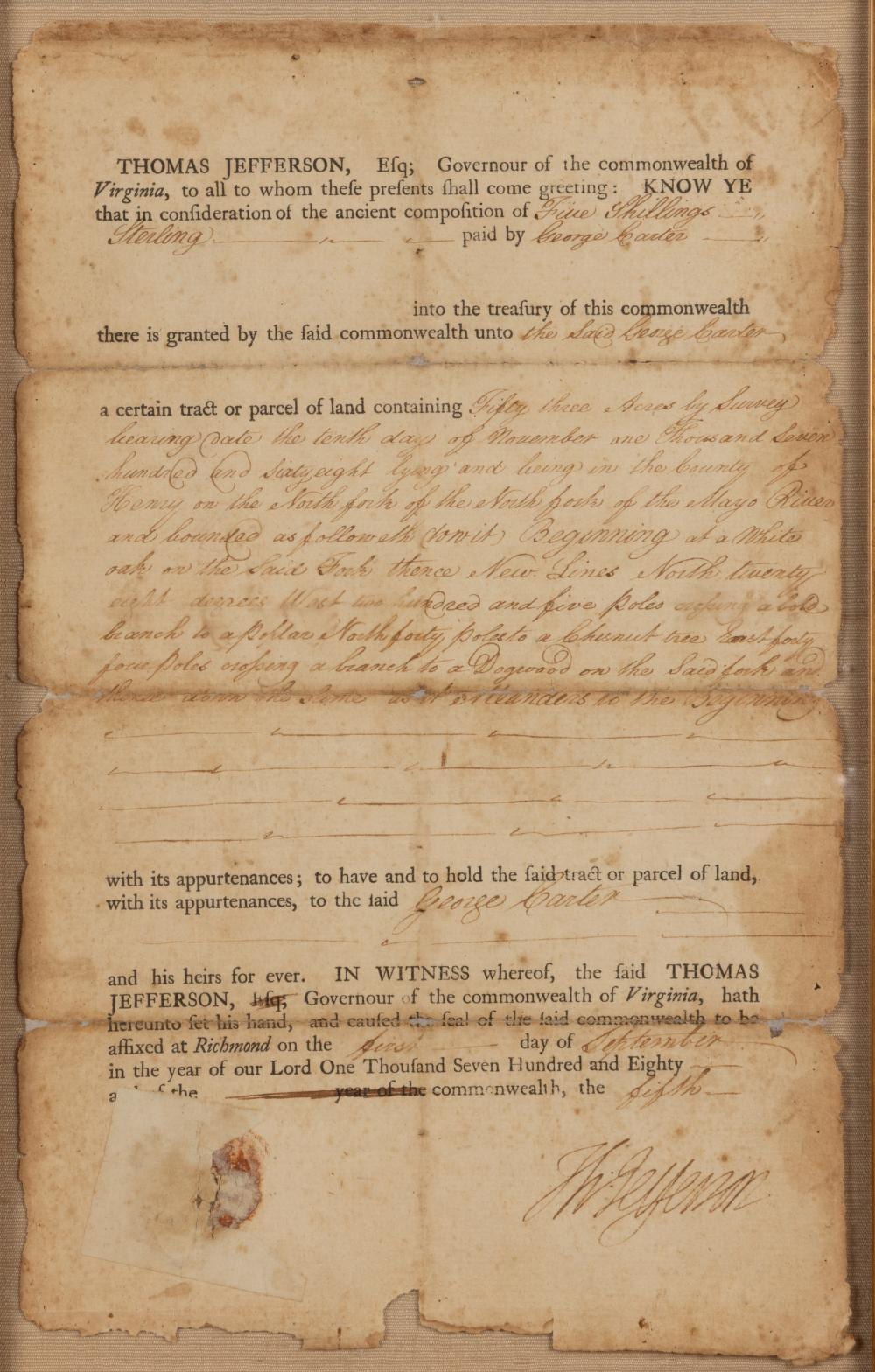 thomas jefferson 1743 1826 signed 1780 henry co virginia land grant document · Jeffrey S. Evans & Associates · 2026-06-27 Thomas Jefferson comparable auction result: thomas jefferson 1743 1826 signed 1780 henry co virginia land grant document