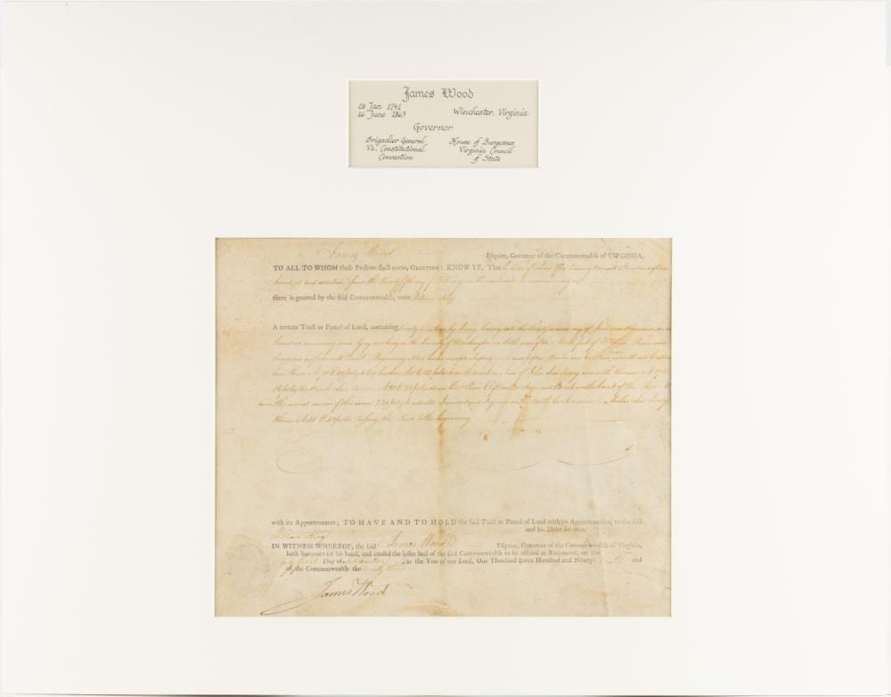 James Wood comparable auction result: james wood 1741 1813 signed 1798 washington co virginia land grant document