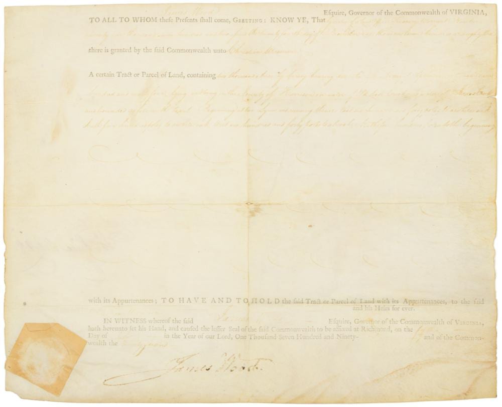 James Wood comparable auction result: james wood 1741 1813 signed 1797 harrison co now west virginia land grant document
