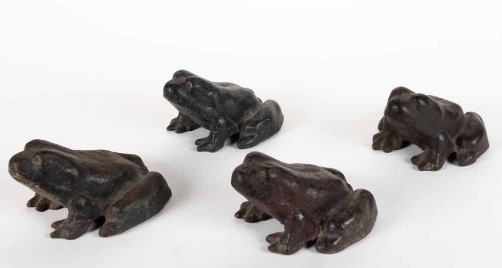 ASSORTED CAST-IRON FIGURAL FROG DOOR STOPS, LOT OF FOUR sold by Jeffrey S. Evans & Associates, lot 2357 — auction record photograph