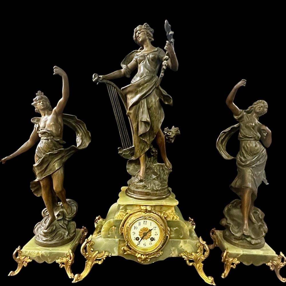 Auguste Moreau comparable auction result: antique french mantel clock garniture la melodie after auguste moreau