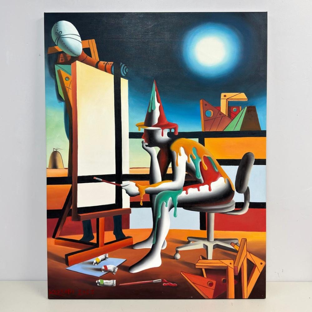 Mark Kostabi comparable auction result: mark kostabi american b 1960 the painter s epiphany 2023 oil on canvas