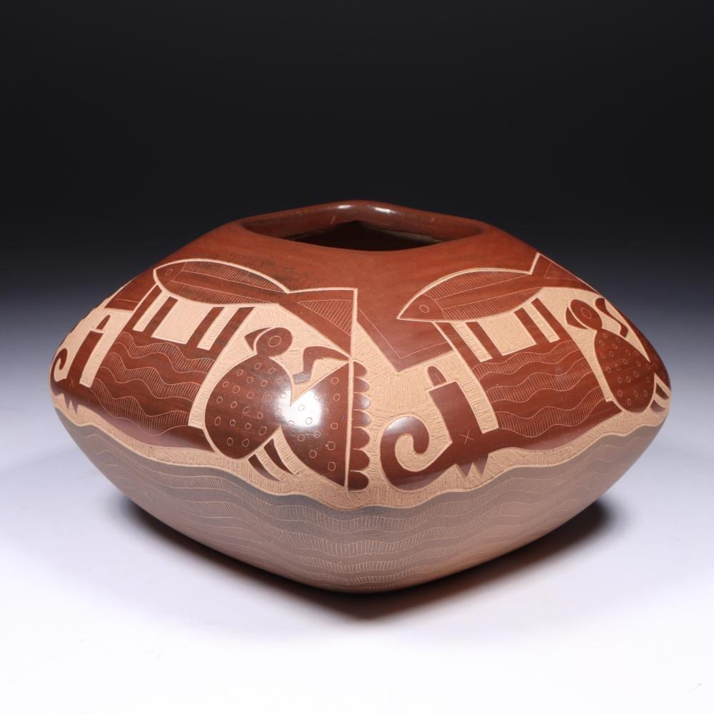 Jody Naranjo comparable auction result: jody naranjo b 1969 santa clara pueblo native american hunted animals sgraffito pottery vessel depicting birds and fish 2005 3 1 2 h x 5 3 4 w