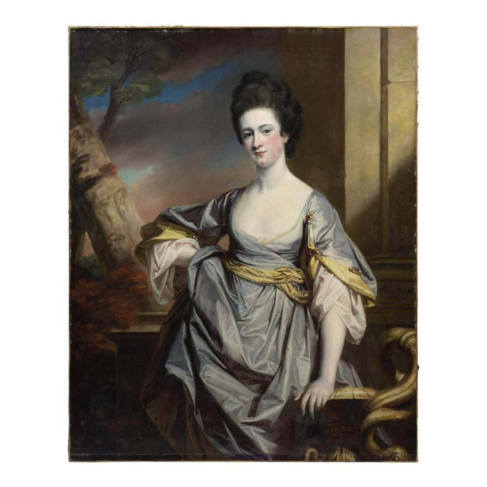 francis cotes london 1726 1770 portrait of lady wolesley three quarter length in a grey silk dress and standing before an open landscape · Bonhams · 2026-07-01 Francis Cotes comparable auction result: francis cotes london 1726 1770 portrait of lady wolesley three quarter length in a grey silk dress and standing before an open landscape