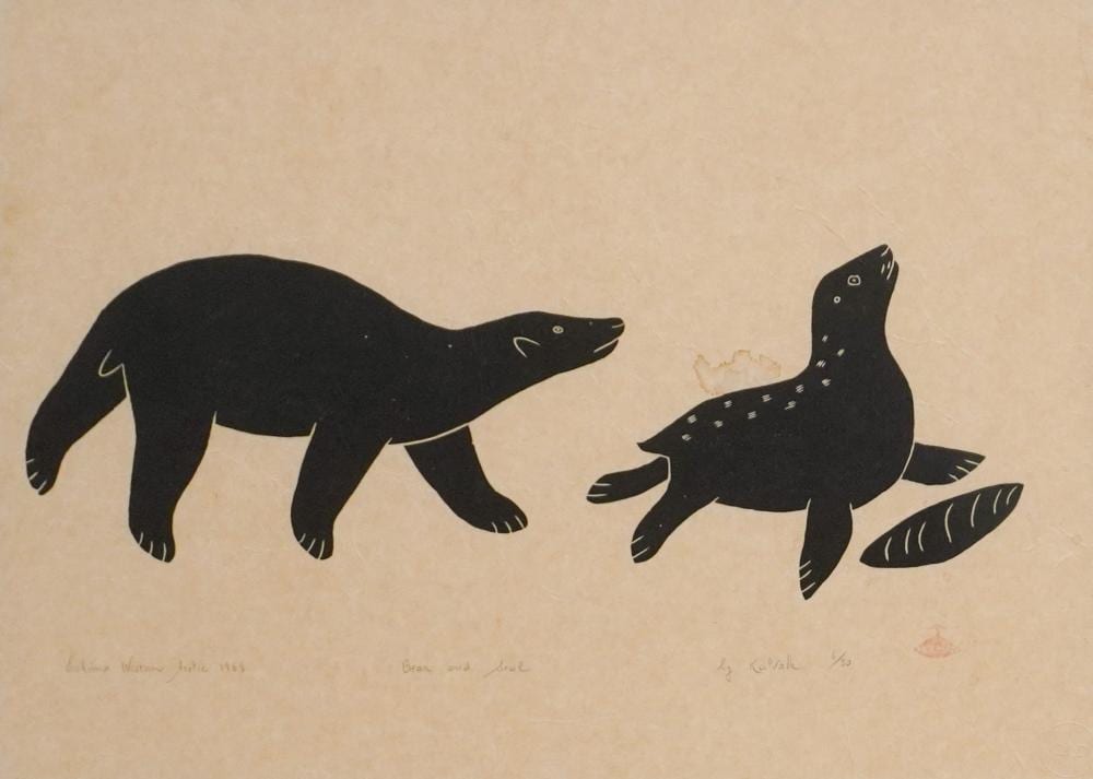 helen kalvak inuit 1901 1984 bear and seal 1969 stone cut print numbered 6 50 frame 21 1 4 x 27 1 4 in 54 x 69 2 cm · Weschler's · 2026-06-23 Helen Kalvak comparable auction result: helen kalvak inuit 1901 1984 bear and seal 1969 stone cut print numbered 6 50 frame 21 1 4 x 27 1 4 in 54 x 69 2 cm