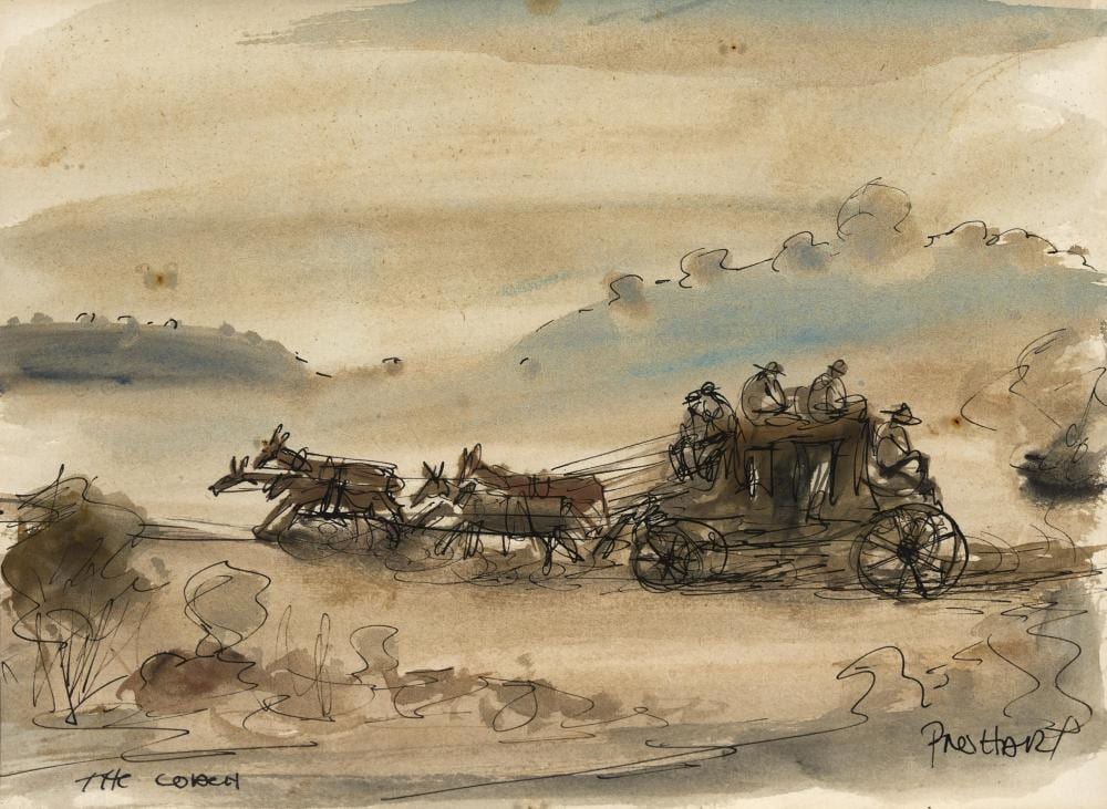 Kevin Charles comparable auction result: kevin charles pro hart australia 1928 2006 the coach ink wash and pen 17 x 23 cm 6 69 x 9 06 in frame 36 x 41 x 2 cm 14 16 x 16 14 x 0 79 in