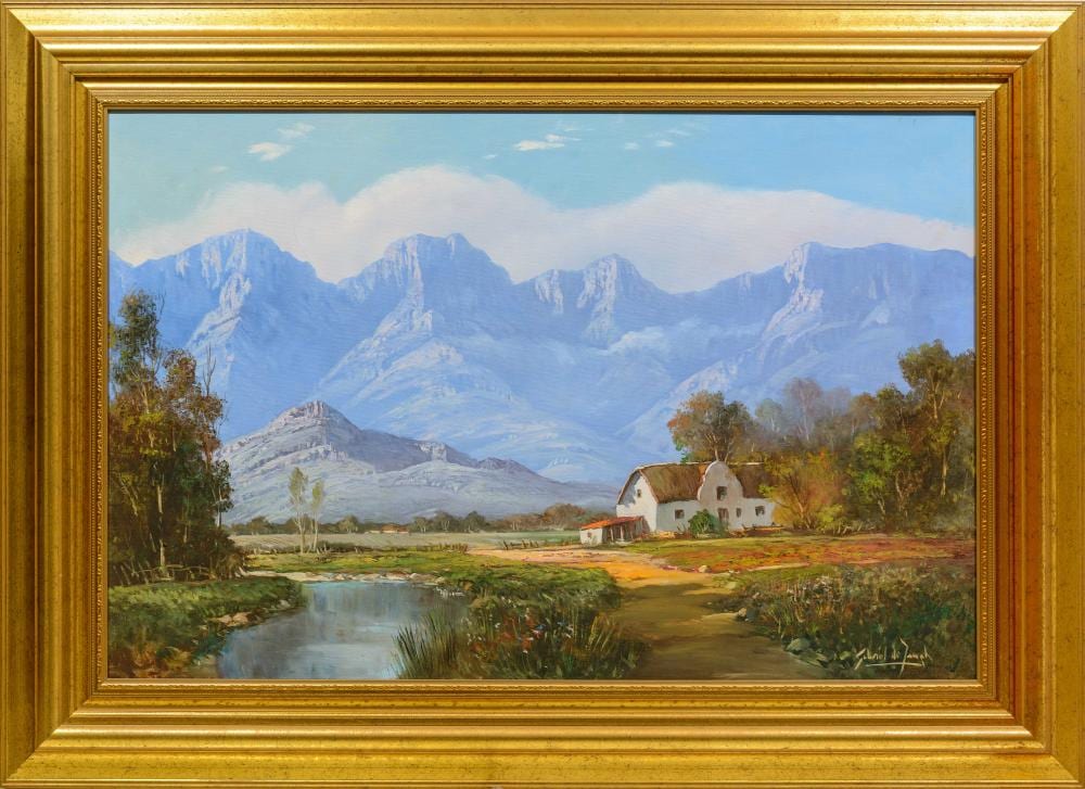 Gabriel DeJongh comparable auction result: gabriel de jongh sa 1913 2004 oil mountain landscape with cape dutch cottage signed 60 x 90