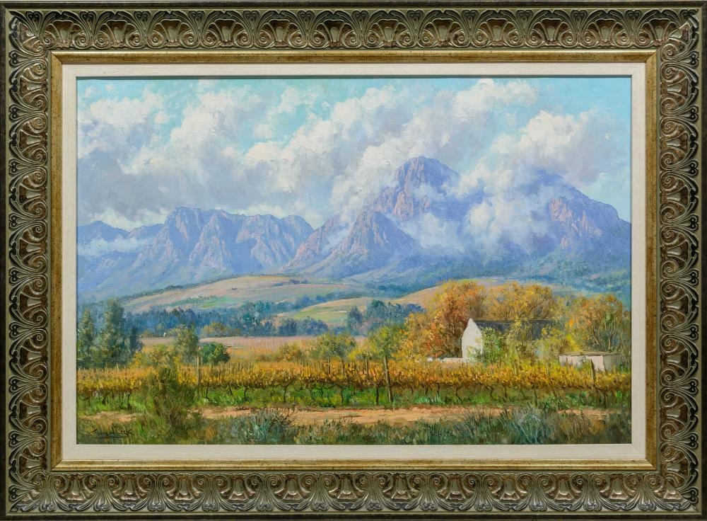 Casey Van Der Leek comparable auction result: casey van der leek sa born 1970 oil mountain landscape with vineyards signed 60 x 90