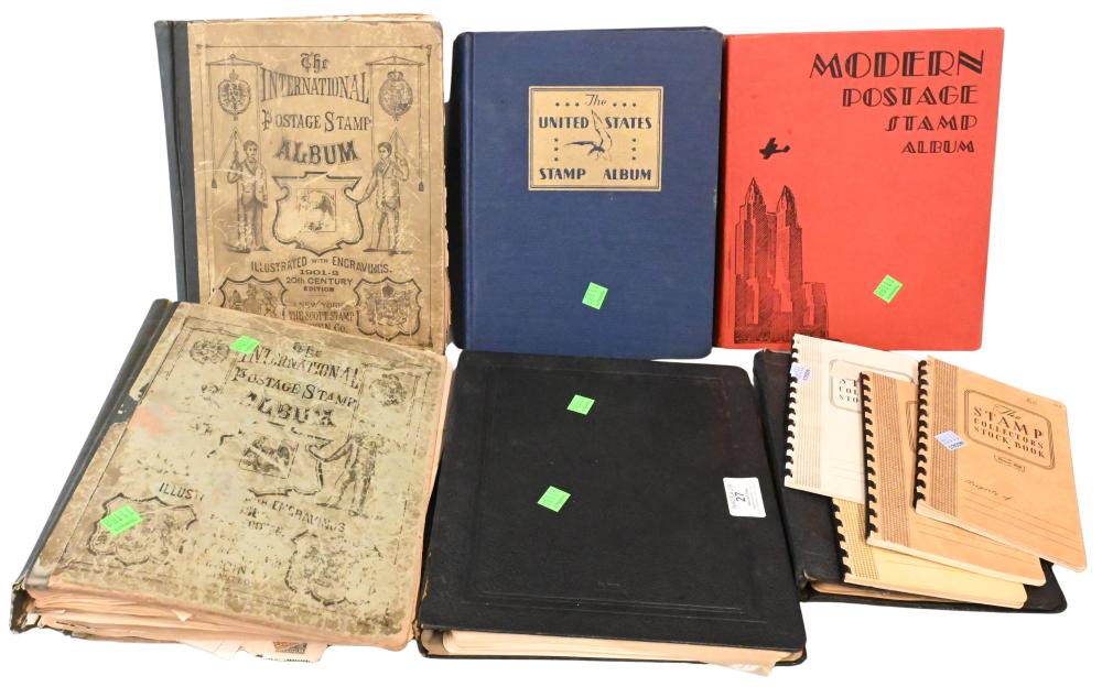 Six postage stamp albums and stamp books shown open and closed, including international and U.S. themed album covers.
