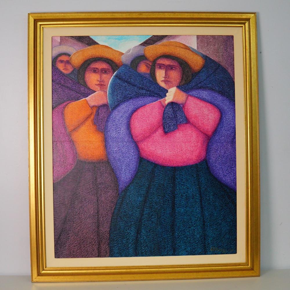 Ernesto Gutierrez comparable auction result: ernesto gutierrez peruvian b 1941 oil on jute traditional andean women