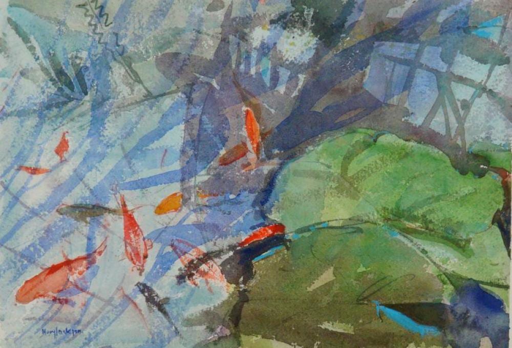 Mary Jackson comparable auction result: mary jackson british b 1936 watercolor on paper water garden with goldfish and lillies