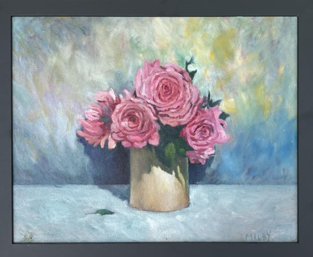 Frank Milby comparable auction result: frank milby roses oil on canvas signed 18 x 22 5 15 5 x 20