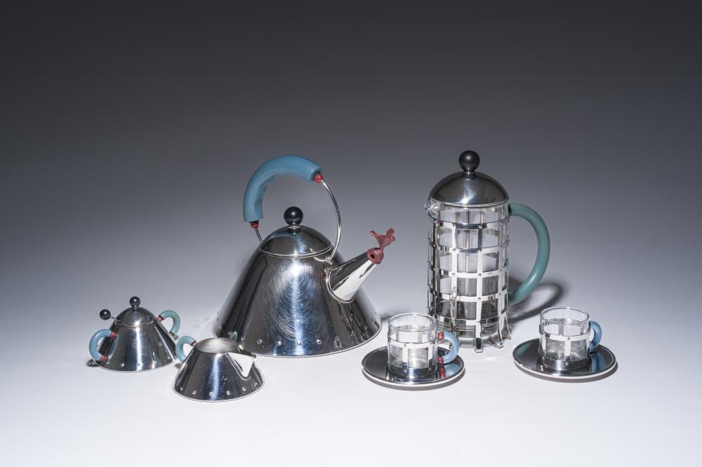michael graves 1934 2015 an italian eight piece stainless steel coffee and tea set with the iconic model 9093 tea kettle alessi 1980s · Coronari Auctions · 2026-07-02 Mike Graves comparable auction result: michael graves 1934 2015 an italian eight piece stainless steel coffee and tea set with the iconic model 9093 tea kettle alessi 1980s