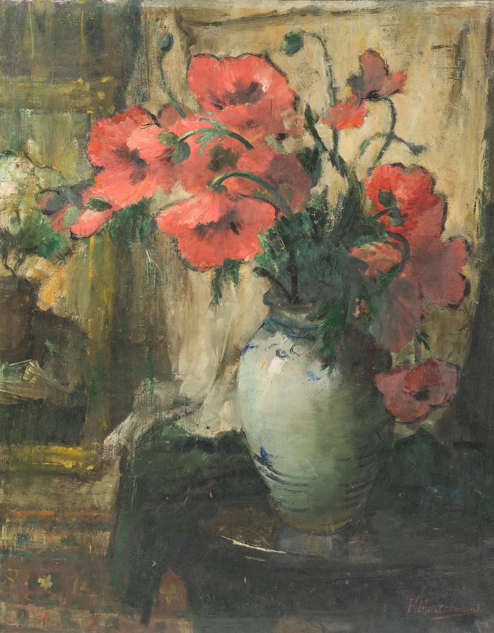 frans mortelmans 1865 1936 red poppies in stone jar on table oil on canvas · Coronari Auctions · 2026-07-02 Frans Mortelmans comparable auction result: frans mortelmans 1865 1936 red poppies in stone jar on table oil on canvas