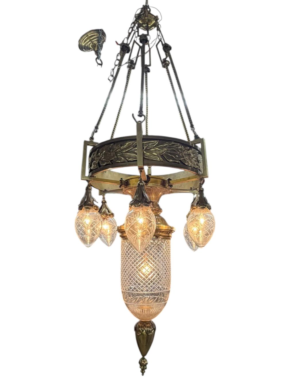 Large Art Nouveau Style Cut Glass and Metal Chandelier sold by Stevens Auction Company, lot 342A — auction record photograph