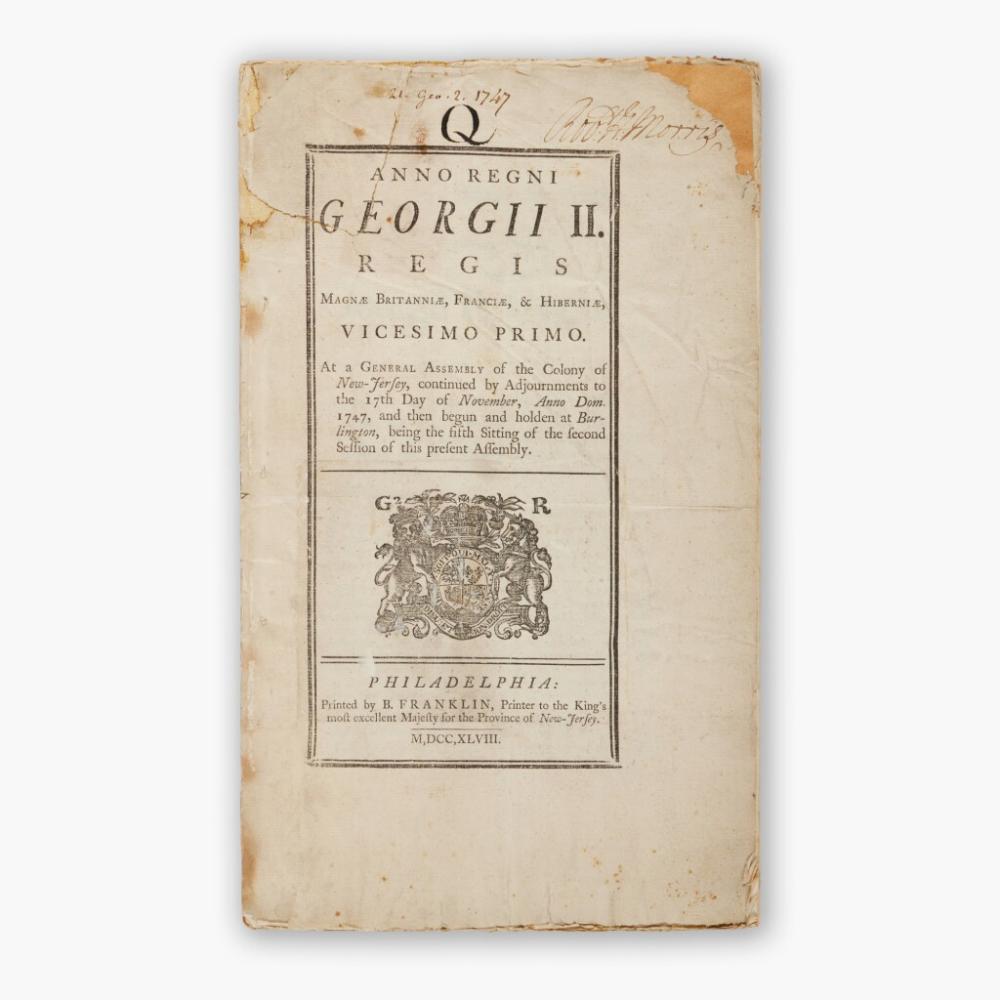 Franklin Whiting Rogers comparable auction result: new jersey session laws acts passed by the general assembly of new jersey in 1747 48 printed by franklin