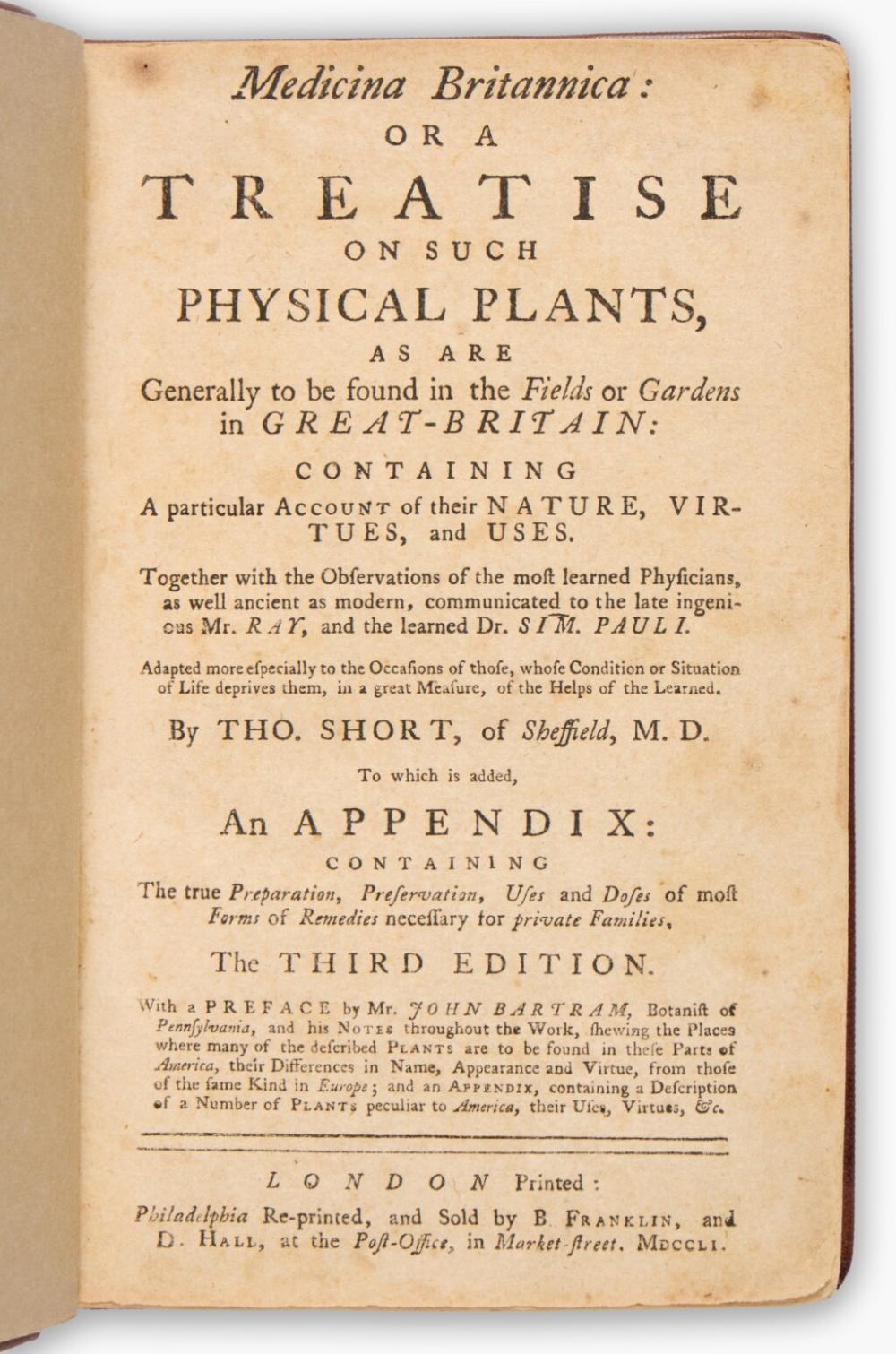 Franklin Whiting Rogers comparable auction result: thomas short the first american edition of this herbal printed by franklin