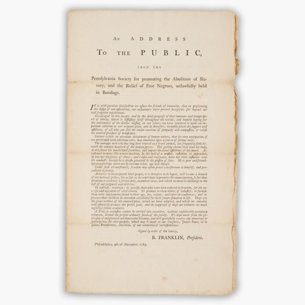 Franklin Whiting Rogers comparable auction result: pennsylvania society for promoting the abolition of slavery the first united states abolition society directed by franklin