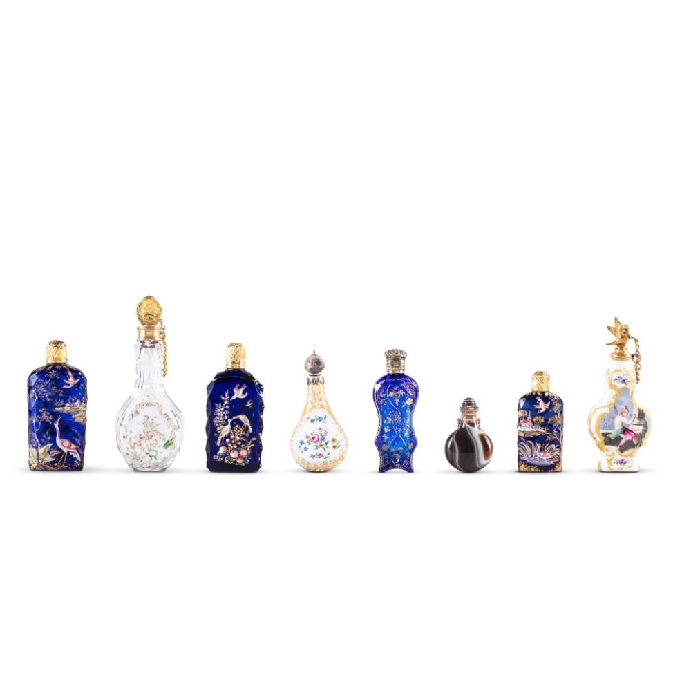 James William Giles comparable auction result: a group of eight enamel glass and hardstone scent bottles with gold or silver gilt mounts english mid 18th to early 19th century among them examples by james giles