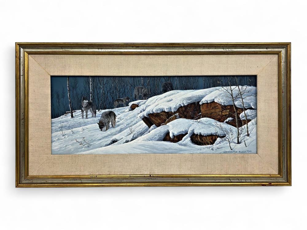 jon van zyle discovery acrylic painting of wolf pack · Alaska Premier Auctions & Appraisals · 2026-06-28 Jon Van Zyle comparable auction result: jon van zyle discovery acrylic painting of wolf pack