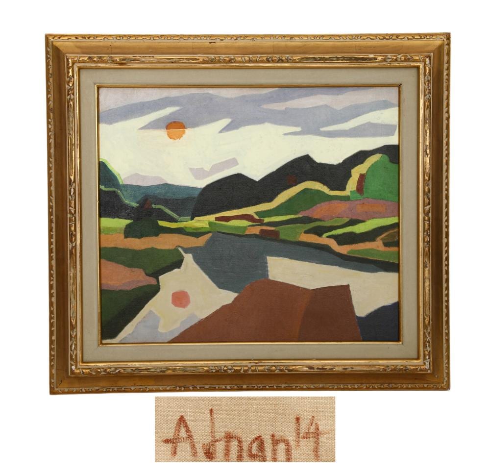 Etel Adnan comparable auction result: etel adnan americans1925 2021 attributed to oil on canvas original period frame