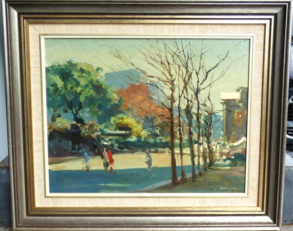 harold lane 1925 2012 outside sydney grammar oil on board · Danielle Elizabeth Antique & Estate Auctioneers · 2026-06-28 Harold Lane comparable auction result: harold lane 1925 2012 outside sydney grammar oil on board