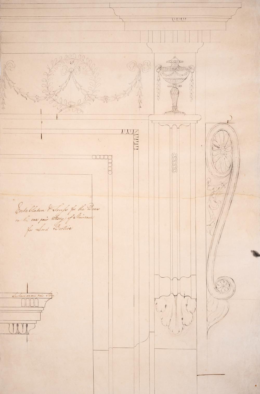 Joan Colom y Augustí comparable auction result: adam robert headfort house an original drawing entablature truss for the doors on the one pair story of staircase for lord bective pen and black ink c 1772