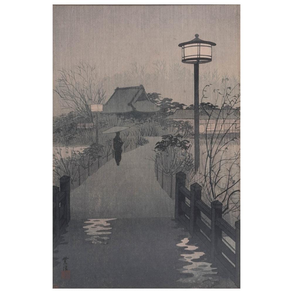 Shiro Kasamatsu comparable auction result: shiro kasamatsu japanese 1898 1991 evening rain at shinobazu pond woodblock print