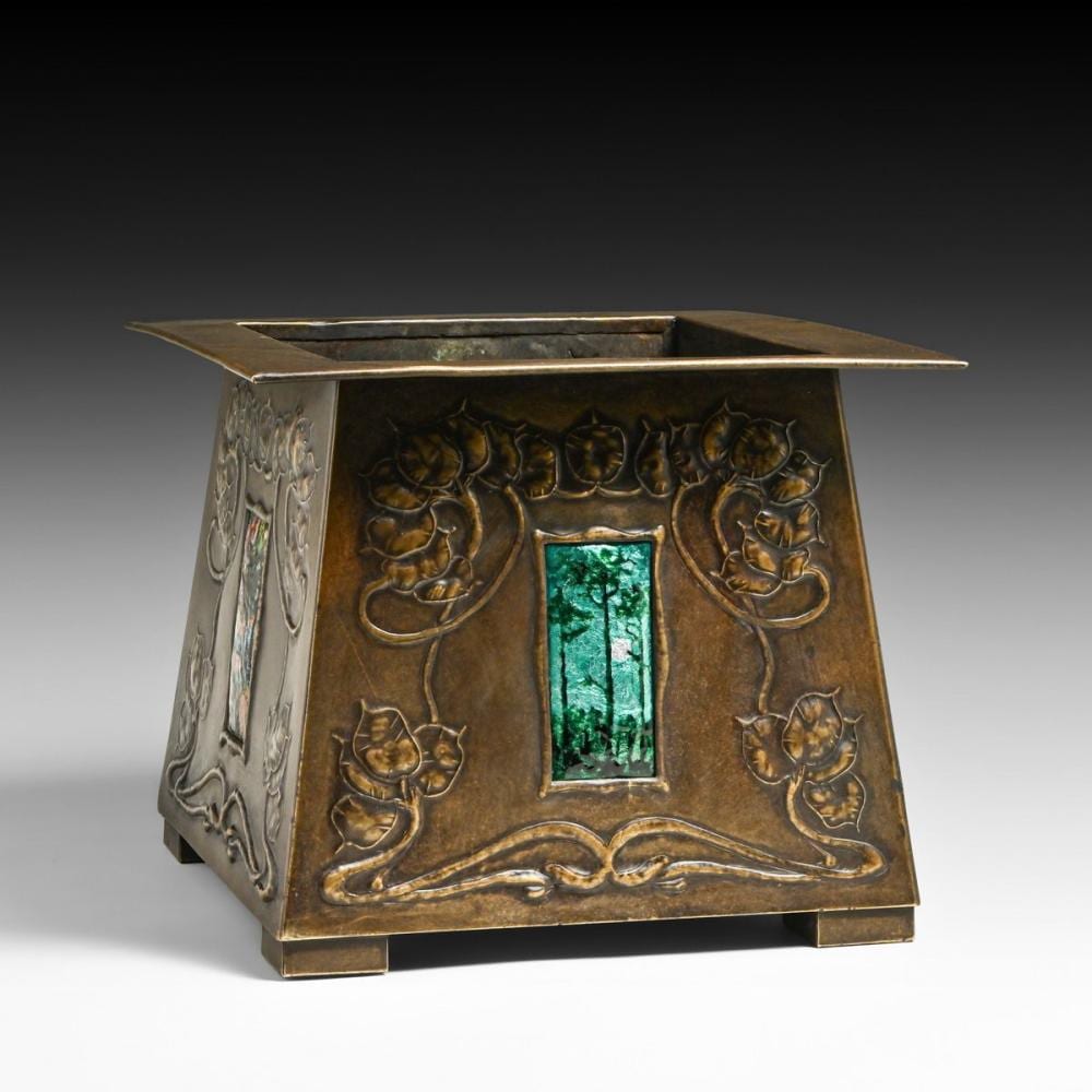 Margaret Gilmour comparable auction result: margaret gilmour glasgow hammered copper enamel square jardiniere c1905