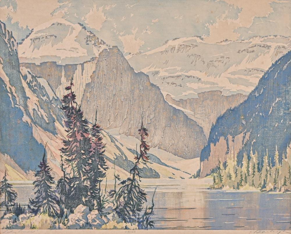barbara harvey leighton canadian 1911 1986 color linocut lake louise c1940s · California Historical Design, Inc · 2026-06-27 Barbara Harvey Leighton comparable auction result: barbara harvey leighton canadian 1911 1986 color linocut lake louise c1940s