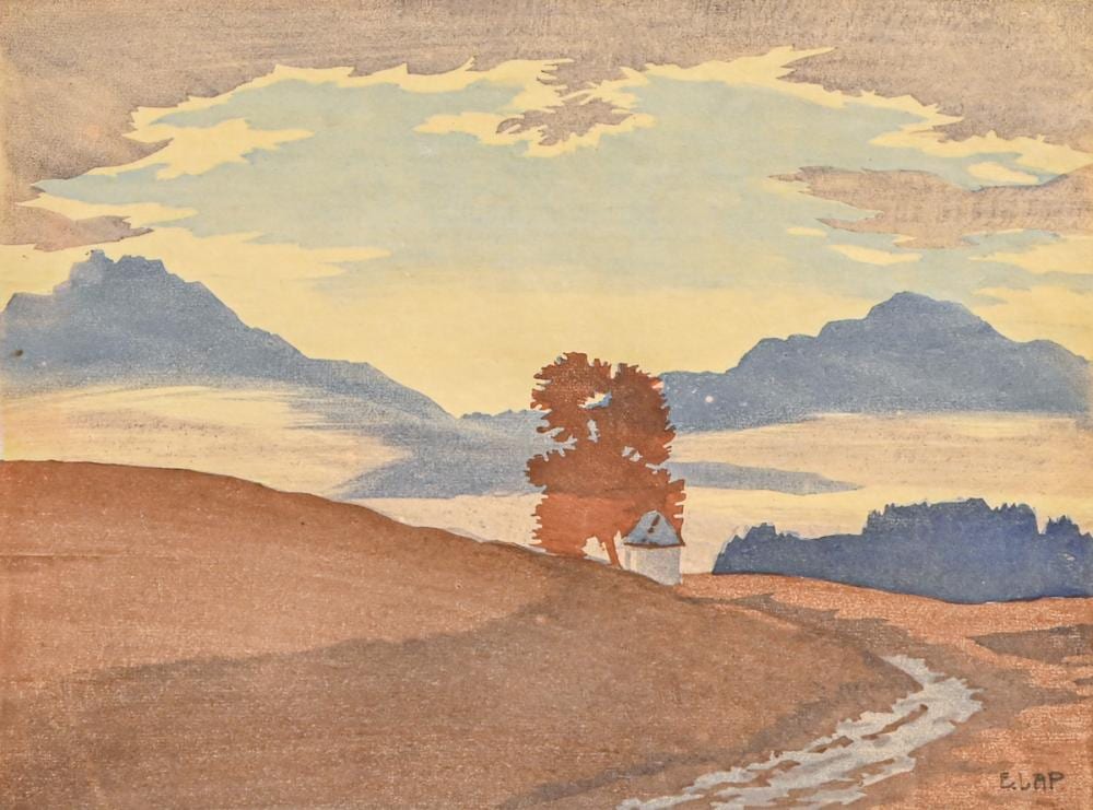 engelbert lap austrian 1886 1970 color woodcut morgen morning c1920s · California Historical Design, Inc · 2026-06-28 Engelbert Lap comparable auction result: engelbert lap austrian 1886 1970 color woodcut morgen morning c1920s