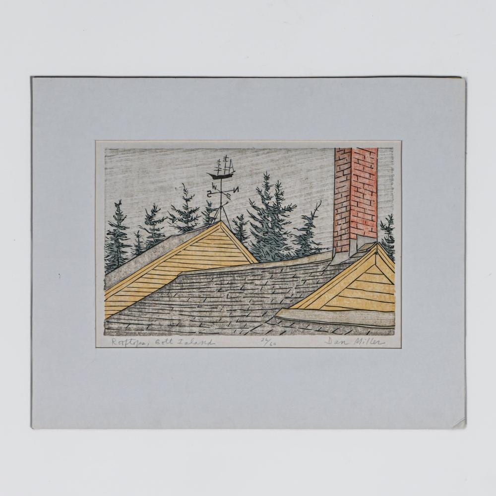dan miller born 1928 color woodcut rooftops gott island c1980s 90s · California Historical Design, Inc · 2026-06-28 Dan Miller comparable auction result: dan miller born 1928 color woodcut rooftops gott island c1980s 90s