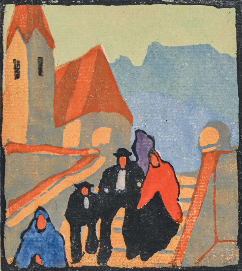 herbert gurschner austrian 1901 1975 color linocut in the highlands auf der treppe nach dem kirchgang c1920s · California Historical Design, Inc · 2026-06-28 Herbert Gurschner comparable auction result: herbert gurschner austrian 1901 1975 color linocut in the highlands auf der treppe nach dem kirchgang c1920s