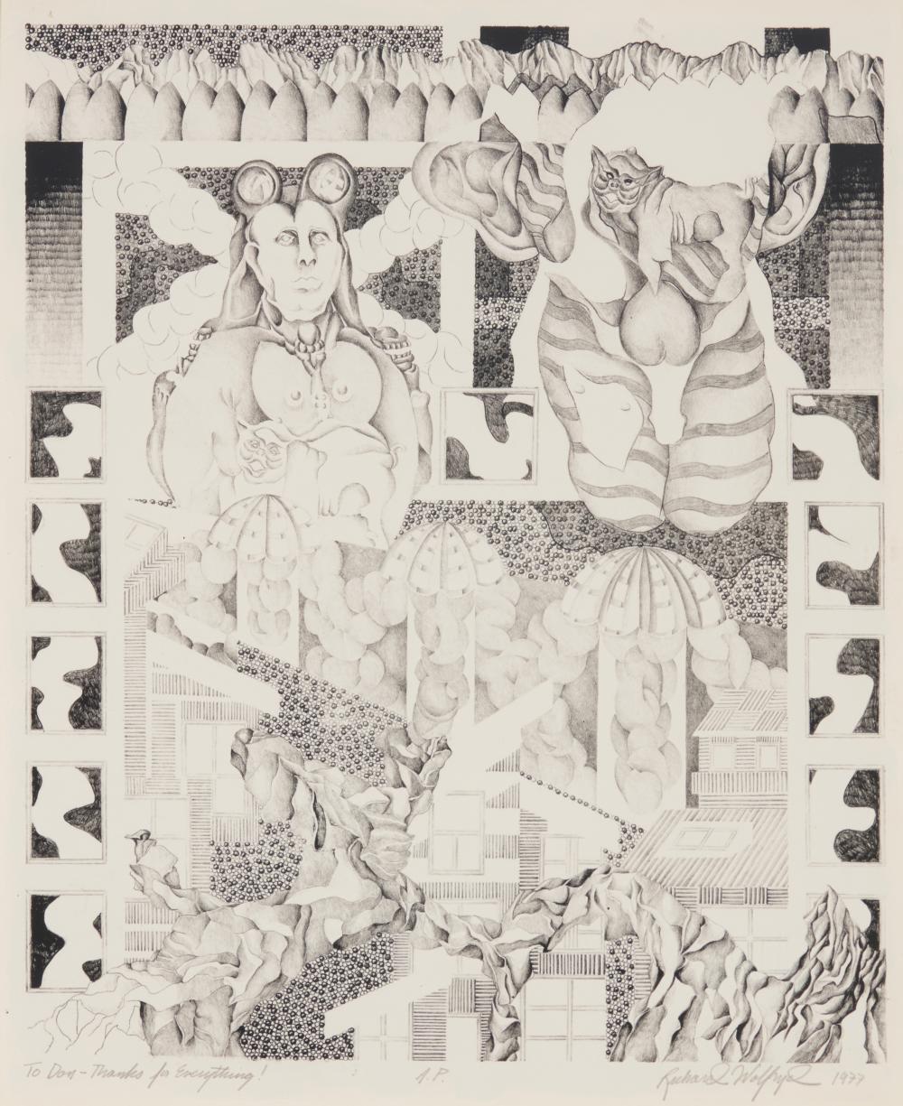 Rick Wolfryd comparable auction result: rick wolfryd b 1953 surrealist composition with human and animal figures 1977