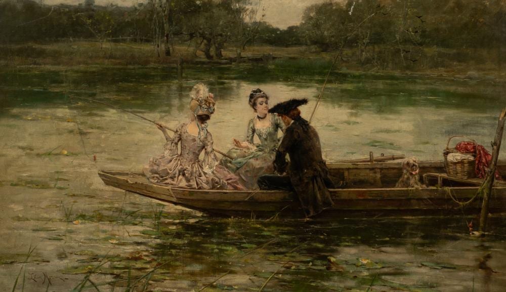 Leon Moran comparable auction result: lunch on the water antique painting by leon moran