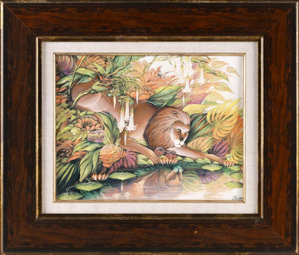Gustavo Novoa comparable auction result: gustavo novoa new york chile france 1941 pensive lion oil on board 11 x 14 framed 18 5 x 21 5