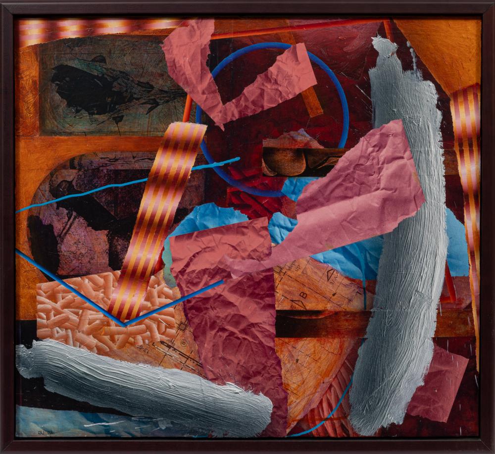 Richard Johnson comparable auction result: richard johnson american louisiana b 1942 left overs acrylic and mixed media collage on masonite