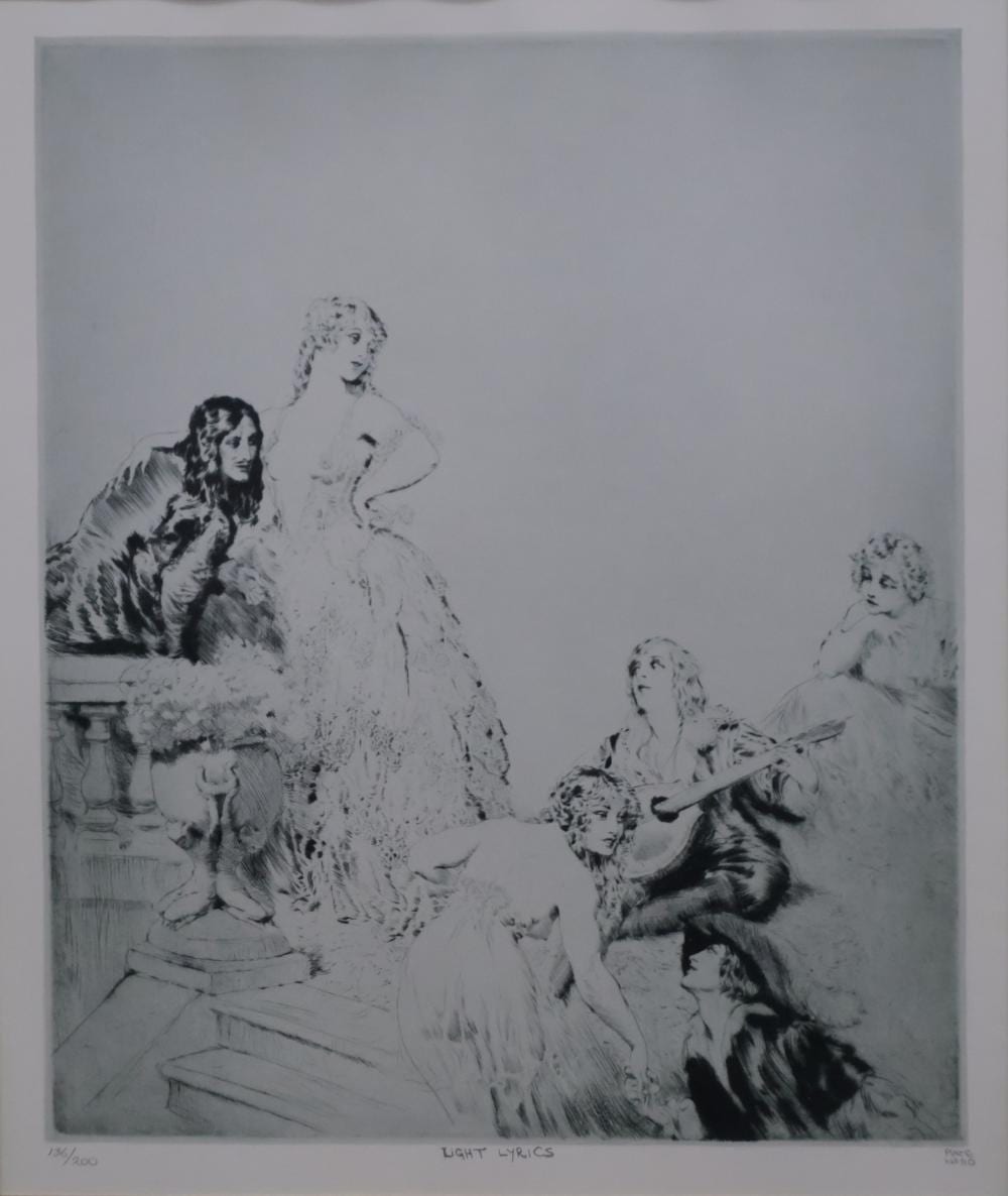 Norman Lindsay comparable auction result: norman lindsay monophoto lithographic print 136 200 light lyrics titled lower in pencil with edition approx 30cm x 25cm