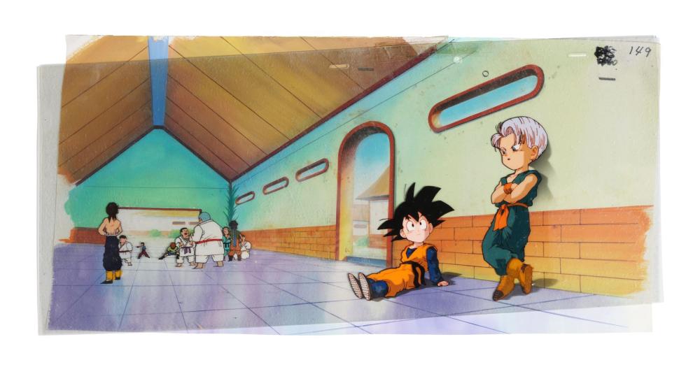 DRAGON BALL Z (TV SERIES, 1989-1996) - Goten and Trunks Original Production Pan Cel from "The World Tournament" on Hand-Painted Key Master Background sold by Propstore London, lot 509 — auction record photograph