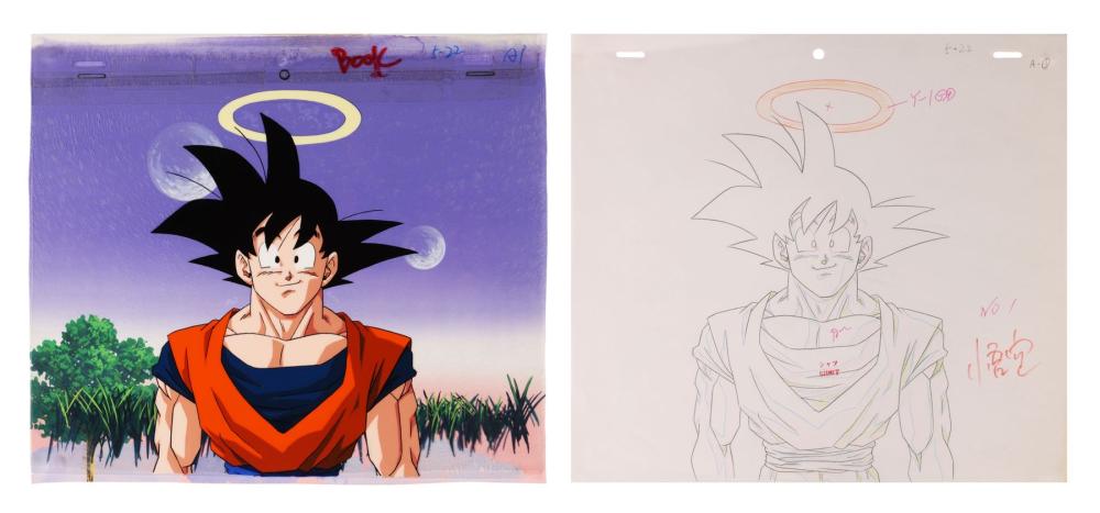 DRAGON BALL Z (TV SERIES, 1989-1996) - Goku Original Production Cel on Hand-Painted Key Master Background with Matching Douga Drawing from "Unlikely Friendship" sold by Propstore London, lot 518 — auction record photograph
