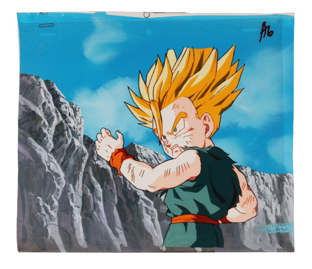 DRAGON BALL Z: BIO-BROLY (1994) - Super Saiyan Trunks Original Production Cel on Hand-Painted Production Background sold by Propstore London, lot 528 — auction record photograph