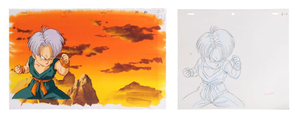 DRAGON BALL Z (TV SERIES, 1989-1996) - Trunks Original Production Cel on Hand-Painted Master Background with Matching Douga sold by Propstore London, lot 530 — auction record photograph