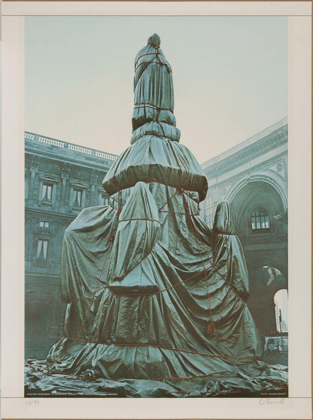Christo comparable auction result: christo bulgaria 1935 usa 2020 wrapped monument to leonardo project for piazza della scala milan 1971 lithograph print no 38 99 signed and numbered by hand