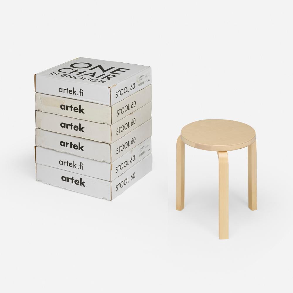 Alvar Aalto comparable auction result: alvar aalto stools model 60 in original boxes set of six