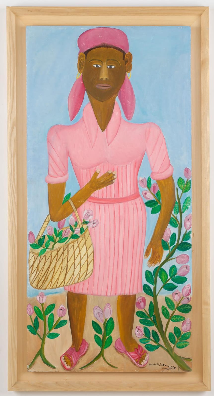Pierre-Joseph Valcin comparable auction result: pierre joseph valcin haitian haiti picking flowers in pink dress circa 1970 s