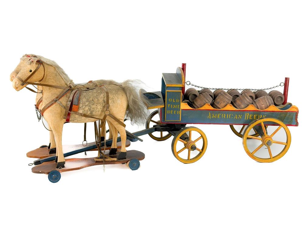 Antique Horse-Drawn Brewery Delivery Dray Pull Toy, American Beers / Old Time Beer sold by Hughes Auctions, lot 206 — auction record photograph