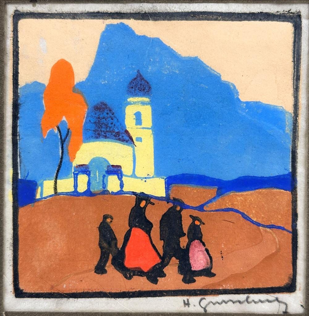herbert gurschner 1901 1975 color woodblock on paper the chapel figures and church · Hughes Auctions · 2026-07-05 Herbert Gurschner comparable auction result: herbert gurschner 1901 1975 color woodblock on paper the chapel figures and church